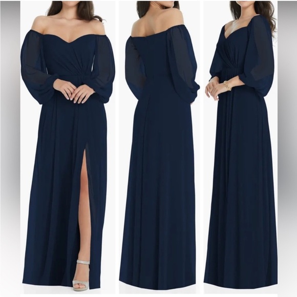 New Dessy Collection Off The Shoulder Puff Sleeve Maxi Dress Front Slit Midnight - Picture 1 of 12